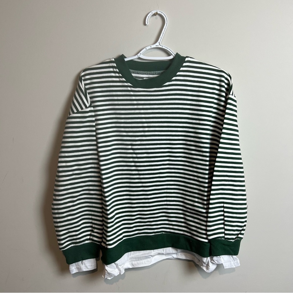 Cali Be New T-Shirt Hem Striped Sweatshirt Pullover Crewneck Dark Green